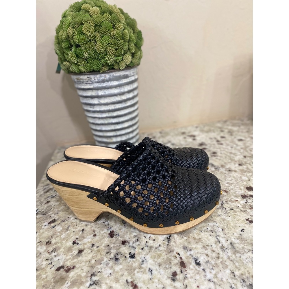 Veronica Beard Black Woven Leather‎ Clogs Wood Wedge Heel Studded Mules